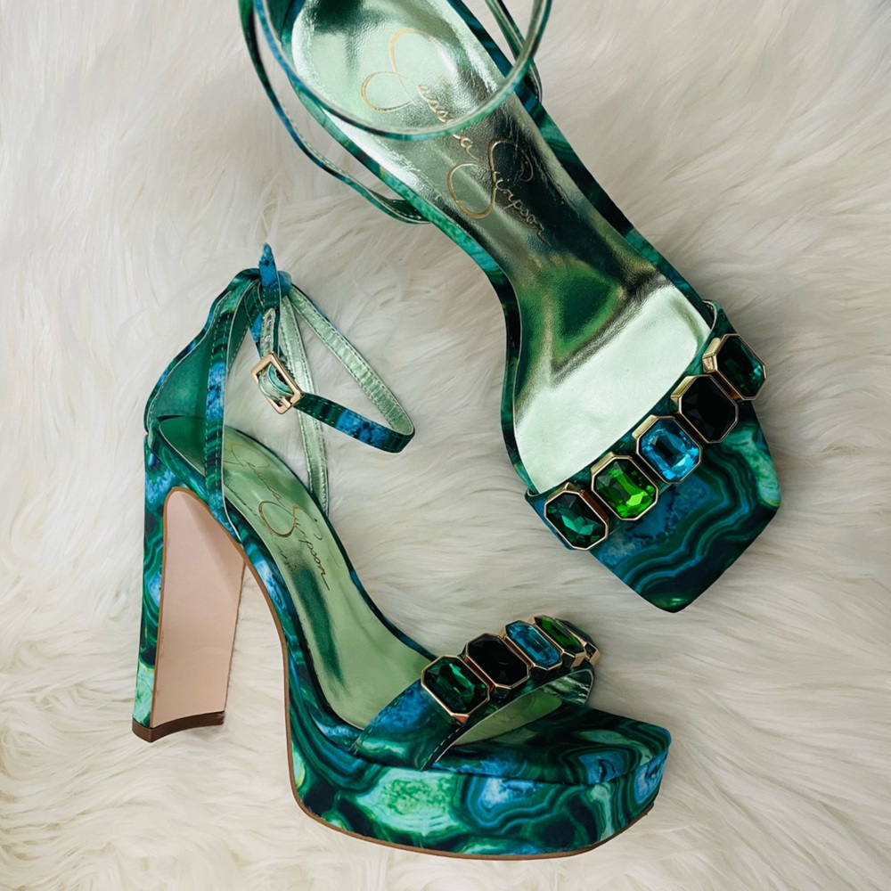 JESSICA SIMPSON Blue Green Jewel Toe Strap Gemstone Platform Heels